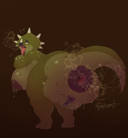 ambiguous_fluids anal_fluids anthro anus areola big_anus big_breasts big_butt bodily_fluids breasts breath butt dripping excessive_anal_juice facial_horn female gaping gaping_anus horn huge_anus huge_breasts huge_butt hyper hyper_anus lactating nipples non-mammal_breasts non-mammal_lactation non-mammal_nipples nose_horn onomatopoeia penetration puffy_anus scales simple_background slightly_chubby solo sound_effects steamy_anus sweat tail tail_fetish tail_insertion tail_play text thick_thighs prehistoric_predation ceratopsian ceratopsid chasmosaurine dinosaur marginocephalian ornithischian prehistoric_species reptile scalie triceratops absurd_res english_text hi_res