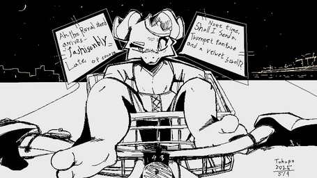 ambiguous_anthro ambiguous_gender anthro clothed clothed_anthro clothing horn night outside solo text conditional_dnp tohupo kobold scalie 2025 black_and_white digital_drawing_(artwork) digital_media_(artwork) english_text monochrome