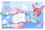 absurd_res accessory ageplay anthro bib big_breasts blue_background blush border breasts bunnykisses clean_diaper clothing comic diaper diaper_puff english_text experience_bar fart female flower footwear front_view fur gag gameplay_mechanics handwear headband heart_eyes heart_symbol hi_res lagomorph leporid level_up lily_(bunnykisses) long_ears lying mammal mittens object_in_mouth on_side pacifier pacifier_gag pacifier_in_mouth pink_body pink_fur plant rabbit roleplay shirt shoes simple_background socks solo spread_legs spreading text topwear wetness_indicator white_border