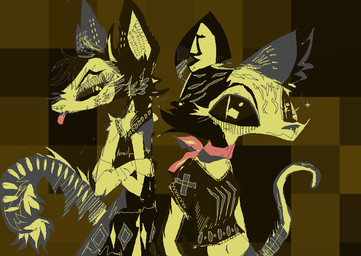 abstract_background alternative_fashion anthro blep clothed clothed_female clothing crossed_arms duo female fur shirt tongue tongue_out topwear yellow_body yellow_fur naircat domestic_cat felid feline felis mammal 2017 digital_drawing_(artwork) digital_media_(artwork) microsoft_paint_(artwork) restricted_palette
