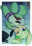 anthro biped blue_eyes blush blush_lines boxer_briefs bulge circle_eyebrows clothed clothing clover_(plant) clover_leaf countershading detailed_bulge exposed_chest eyebrows food four_leaf_clover fur genital_outline green_body green_fur heterochromia kemono leaf looking_at_viewer male navel orange_eyes pantsless penis_outline plant pocky_in_mouth solo underwear undone_shirt white_body white_countershading young kuromu pupa15078 pocky lagomorph leporid mammal rabbit 2d_animation animated motion_tweening