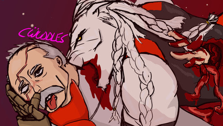 ahegao anthro asphyxiation bite blood blood_in_mouth blood_on_clothing blood_on_hand blood_splatter blush bodily_fluids braided_hair choking clothed clothed_male clothing duo eye_scar facial_hair facial_scar gore guts hair hole_in_chest inner_ear_fluff intestines looking_pleasured male male/male mane mane_hair mustache neck_bite organs scar teeth tongue tongue_out tuft cwuddles conquest_(invincible) thokk_(invincible) felid human humanoid lion mammal pantherine 16:9 hi_res widescreen