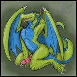 anthro aroused black_border blue_body blue_scales border eyes_closed genitals green_body hand_behind_head kneeling male penis scales smile solo tongue wings dragonnom mythology jazovyx_(character) dragon mythological_creature mythological_scalie scalie 1:1 hi_res