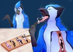 anthro arms_tied beak black_beak black_body black_fur blue_background blue_body blue_eyes blue_fur bodily_fluids bound chopsticks eating eyes_closed fur group imminent_oral_vore imminent_vore internal legs_tied licking licking_lips licking_own_lips lying male male/male male_pred male_prey on_back on_front on_side on_tongue pink_tongue purple_body saliva saliva_string simple_background tongue tongue_out vore white_body white_fur roobin avian bovid canid caprine equid equine goat horse mammal signature