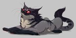 ambiguous_gender black_body black_fur feral fur grey_body grey_fur looking_at_viewer no_sclera pawpads red_eyes red_pawpads solo dinkysaurus domestic_cat felid feline felis mammal 2:1 hi_res