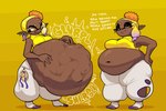 after_vore belly big_belly blonde_hair breasts death digestion female group hair huge_belly overweight simple_background text thick_thighs trio vore weight_gain yellow_background maniacalfork nintendo splatoon frye_(splatoon) marina_(splatoon) pearl_(splatoon) cephalopod inkling marine mollusk 2024 english_text