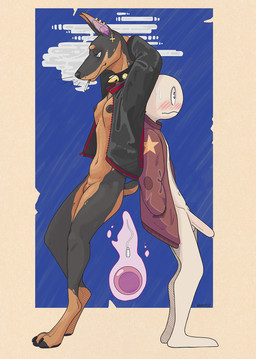 4_toes after_sex anthro back_to_back black_body black_fur black_nose blush bodily_fluids breasts brown_body brown_fur butt cigarette clothing collar duo feet female female_anthro female_on_human fur genitals hindpaw human_on_anthro impregnation interspecies interspecies_impregnation jacket larger_anthro larger_female male male/female male_human male_on_anthro mostly_nude mostly_nude_anthro mostly_nude_female mostly_nude_human mostly_nude_male multicolored_body multicolored_fur navel nipples ovum paws penis size_difference smaller_human smaller_male sperm_cell spiked_collar spikes sweat tail toes topwear two_tone_body two_tone_fur vulva grayviz jax_(grayviz) canid canine canis dobermann domestic_dog human mammal pinscher hi_res