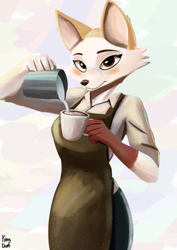 anthro apron beverage blush brown_body brown_fur clothing coffee coffee_cup container cup female fur looking_at_viewer multicolored_body multicolored_fur simple_background solo two_tone_body two_tone_fur white_body white_fur kingdorkster fany_(foxdee) canid canine fox mammal 2026 absurd_res hi_res