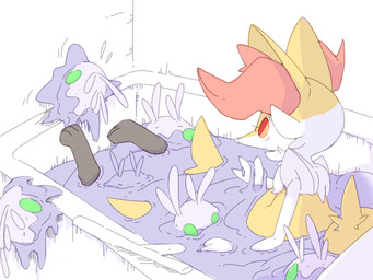 ambiguous_gender bathtub group inner_ear_fluff tuft winte nintendo pokemon braixen canid canine generation_6_pokemon goomy mammal pokemon_(species) 2015 4:3 hi_res