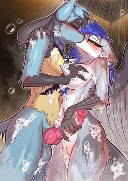 anthro balls bathing black_body black_fur blue_body blue_fur breast_grab breasts duo eyes_closed feet female fur genitals hand_on_breast kissing knot knotted_penis male male/female nude nude_anthro nude_female nude_male penis penis_grab sex shower shower_sex showering talons toes vulva water wet wings yellow_body yellow_eyes yellow_fur ettomi phluks nintendo pokemon basinu_(lucario_gaymer) gabriel_serealia generation_4_pokemon lucario pokemon_(species) artist_collaboration hi_res