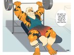 2021 4:3 absurd_res anthro anthrofied arcanine armpit_hair balls barbell bench_press body_hair border bottomwear bulge canid canine clothed clothing detailed_bulge dialogue english_text erection erection_under_clothing exercise generation_1_pokemon genital_outline genitals hi_res ineffective_clothing lying male mammal muscular muscular_anthro muscular_male nintendo nipples on_back pecs penis_outline pokemon pokemon_(species) pokemorph shirt shorts smile solo tank_top text topwear weightlifting white_border workout zourik
