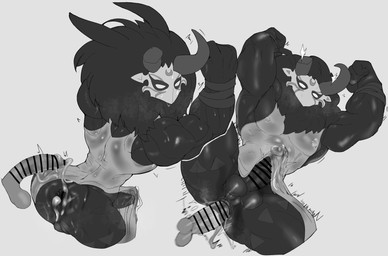 anal anthro bodily_fluids broken_horn clothed clothing cum cum_in_ass cum_inside duo ejaculation genital_fluids horn looking_back male male/male muscular muscular_male partially_clothed sex standing standing_sex sweat man0. genshin_impact mihoyo humanoid mitachurl hi_res monochrome