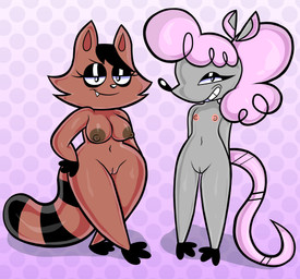 adolescent anthro bangs big_breasts breasts cheek_tuft cute_fangs duo facial_tuft fangs female flat_chested floating_ears front_view genitals gradient_background hair long_hair looking_at_viewer nipples nude pattern_background short_hair simple_background smile standing tail teeth thick_thighs toothy_grin tuft voluptuous_anthro voluptuous_female vulva wide_hips young young_anthro young_female significantother catching_up clare_(catching_up) jacket_girl_(catching_up) american_opossum mammal marsupial procyonid raccoon virginia_opossum 2024 absurd_res hi_res