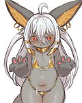 ahoge anthro bikini blush bodily_fluids clothing collar ear_piercing egyptian fangs female flat_chested fur gold_bikini grey_body grey_fur hair long_ears navel pawpads piercing red_eyes slightly_chubby solo sweat sweatdrop swimwear tail teeth thick_thighs two-piece_swimsuit white_hair wide_hips love_mofu_love golden_week mammal unknown_species 4:5 hi_res