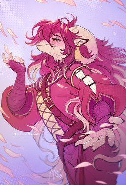 5_fingers ambiguous_gender anthro biped bottomwear clothed clothed_ambiguous clothed_anthro clothing fingers front_view fully_clothed fully_clothed_ambiguous fully_clothed_anthro hair horn looking_up pink_hair simple_background solo teeth topwear kayfoxii bovid caprine goat mammal 2025 digital_drawing_(artwork) digital_media_(artwork) hi_res