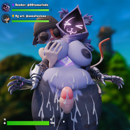 anthro belly big_breasts big_butt bodily_fluids breast_grab breasts butt butt_grab cat_tail cum cum_on_body duo excessive_cum excessive_genital_fluids female from_behind_position gameplay_mechanics genital_fluids hand_on_breast hand_on_butt hud intersex intersex/female looking_pleasured outside sex slightly_chubby thigh_sex ogtamarindo shachath3d_(modeler) epic_games fortnite meow_skulls raven_team_leader bear calico_cat domestic_cat felid feline felis mammal 1:1 3d_(artwork) absurd_res digital_media_(artwork) hi_res
