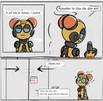 anthro blue_eyes dialogue ellipsis exclamation_point female looking_back machine offscreen_character rear_view solo text yellow_body time_fluffy500 kit_(ratchet_and_clank) robot comic english_text