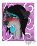 black_hair blue_eyes blue_tongue blush ear_piercing female hair highlights_(coloring) piercing solo tongue shilohsmilodon bengt mammal procyonid raccoon hi_res