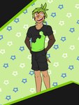 3:4 abstract_background anthro anthrofied bottomwear chespin cid_(fuze) clothed clothing fully_clothed fuze generation_6_pokemon hi_res male nintendo pokemon pokemon_(species) pokemorph shirt shorts solo t-shirt topwear