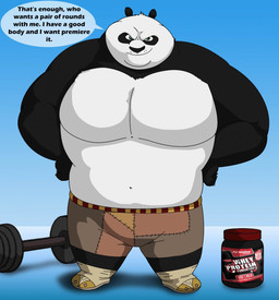 anthro belly black_body black_fur blue_eyes bottle bottomwear clothed clothing container footwear fur jar male muscular muscular_anthro muscular_male navel pants solo speech_bubble text weights white_body white_fur xxsparcoxx dreamworks kung_fu_panda master_po_ping bear giant_panda mammal 2015 english_text hi_res
