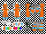 anthro blue_body blue_eyes blue_fur cheek_tuft facial_tuft fluffy fluffy_chest fluffy_tail fur heterochromia orange_body orange_eyes orange_fur shapes solo tail tuft goonis orange_peel_(goonis) unknown_species 4:3 absurd_res hi_res model_sheet