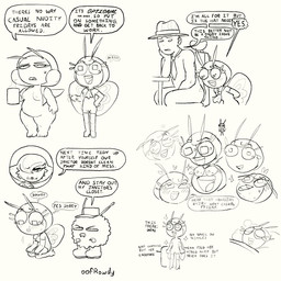 annoyed antennae_(anatomy) barefoot bedding beverage big_eyes blanket blush blush_lines bodily_fluids boots breasts casual_nudity chair clothing coffee coffee_mug covering covering_crotch desk eyelashes eyes_closed fangs fedora feet female fluffy folded_wings footwear furniture hand_on_knee hand_on_leg hands_behind_back happy hat headgear headwear heart_symbol high_heeled_boots high_heels holding_object janitor legwear lipstick looking_down looking_pleasured makeup male mostly_nude narrow_hips necktie nipples nude open_mouth open_smile pillow shoes shortstack sitting sleeping slightly_chubby small_wings smile sparkles sparkling_eyes speech_bubble standing sweat table teeth text thigh_boots thigh_gap thigh_highs thin_calves thin_legs thin_thighs tongue wings oofrowdy nintendo pokemon gabriella_(oofrowdy) illise_(oofrowdy) ria_(oofrowdy) arthropod gardevoir generation_1_pokemon generation_3_pokemon generation_7_pokemon human illumise mammal pokemon_(species) ribombee venonat waddling_head 1:1 english_text hi_res monochrome watermark