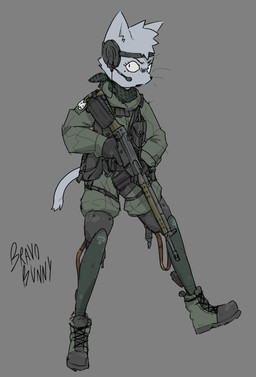 ambiguous_gender anthro clothed clothed_anthro clothing electronics footwear fully_clothed fully_clothed_anthro fur grey_background grey_body grey_fur grey_tail gun headphones holding_gun holding_object holding_ranged_weapon holding_rifle holding_weapon military_uniform ranged_weapon rifle shoes simple_background solo tail uniform weapon bravobunny domestic_cat felid feline felis mammal full-length_portrait hi_res portrait