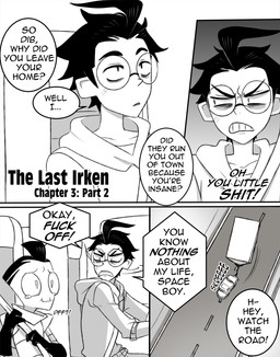 aged_up ahoge black_hair chair clothed clothing detailed_background dialogue driving duo earless eyewear furniture gloves hair handwear male not_furry on_chair road simple_background speech_bubble text topwear vehicle inimoose invader_zim nickelodeon dib_membrane zim_(invader_zim) alien alien_humanoid human humanoid irken mammal comic digital_media_(artwork) english_text hi_res monochrome