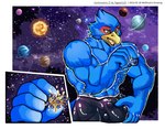 anthro beak big_muscles biped black_clothing black_underwear blue_body blue_feathers boxer_briefs bulge clothing crush destruction detailed_bulge feathers macro male muscular muscular_anthro muscular_male planet planet_dwarfing solo space terra_macro underwear wolfmalro nintendo star_fox falco_lombardi avian bird hi_res