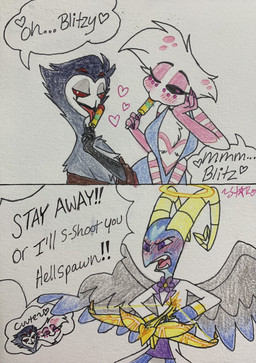 2_panel_comic 4_arms anthro back_wings blue_body blue_skin blush bodily_fluids breasts crossbow dialogue feathered_wings feathers female flower_accessory food group halo heart_symbol horn male multi_arm multi_limb pink_eyes popsicle purple_eyes ranged_weapon red_eyes saliva smile speech_bubble text trio weapon wings starkintobor96 hazbin_hotel hellaverse helluva_boss angel_dust blitzo_(helluva_boss) stolas_(helluva_boss) angel angel_humanoid arachnid arthropod avian bird humanoid owl owl_demon spider spider_demon colored colored_pencil_(artwork) comic english_text hi_res traditional_media_(artwork)