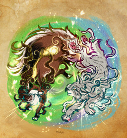 ambiguous_gender duo fantasy feral male text thehavanawolf capcom okami_(capcom) canid canine felid feline fox lynx mammal japanese_text
