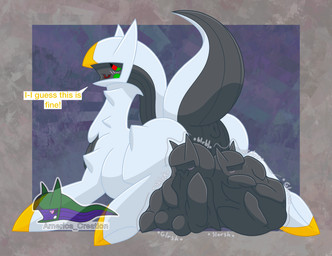anus balls big_balls blush butt cock_vore dialogue endosoma feral genitals group lying male male/male multicolored_body onomatopoeia open_mouth penile penis raised_tail red_eyes safe_vore simple_background sound_effects tail text trio vore white_body arceus_tummy nintendo pokemon arceus generation_4_pokemon legendary_pokemon pokemon_(species) english_text hi_res