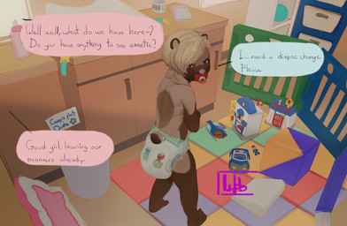 ageplay anthro baby_bottle blonde_hair brown_body brown_fur changing_table clothed clothing detailed_background dialogue diaper diaper_fetish diaper_only duo feces female full_diaper fur hair infantilism pacifier playmat playpen roleplay scatplay soiled_diaper soiling text topless unclean_diaper used_diaper wearing_diaper young young_anthro wob mammal digital_media_(artwork) english_text hi_res