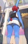 anthro blue_body blue_fur bottomwear bra butt clothed clothing female fur hair long_ears looking_at_viewer looking_back looking_back_at_viewer low-angle_view panties rapid_transit red_hair red_tail short_tail skirt solo sports_bra subway tail underwear upskirt chelodoy abbie_(chelodoy) lagomorph leporid mammal rabbit 2024 hi_res