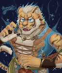 anthro blue_eyes clothing detailed_clothing fur gold_(metal) male muscular muscular_male orange_body orange_fur solo stripes white_body white_fur duckaphion nekojishi studio_klondike lin_hu felid feline mammal pantherine tiger absurd_res hi_res