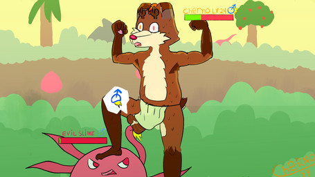 anthro ballbusting balls being_watched clothing cock_and_ball_torture deer_hybird duo embarrassed fight fighting_pose genital_torture genitals humiliation impact looking_at_another losing low_blow male male/male pain paws pose saggy_balls slime stomping tentacle_slime thong underwear blooky_the_foxxo_deer cherno deer goo_creature mammal 16:9 hi_res widescreen