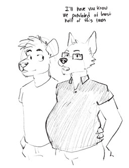 anthro arm_around_partner arm_around_waist belly big_belly clothing collared_shirt male polo_shirt pregnant pregnant_anthro pregnant_male shirt t-shirt text topwear delsol jamie_(delsol) server_dingo canid canine canis dingo mammal murid murine rat rodent english_text hi_res monochrome