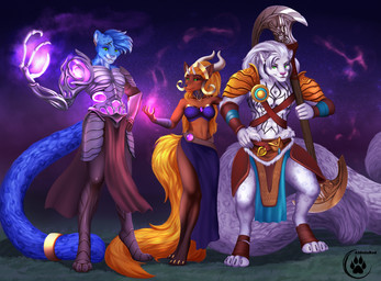 2_tails anthro armor axe blue_body blue_fur blue_hair braided_hair breasts cosplay ear_piercing female fur grey_body grey_fur group hair holding_axe holding_object horn male multi_tail pauldron piercing prosthetic prosthetic_arm prosthetic_limb simple_background smile tail alduinred hasbro magic:_the_gathering wizards_of_the_coast ajani_goldmane liliana_vess luriam matabi tezzeret canid felid mammal pantherine snow_leopard 2021 digital_media_(artwork) hi_res