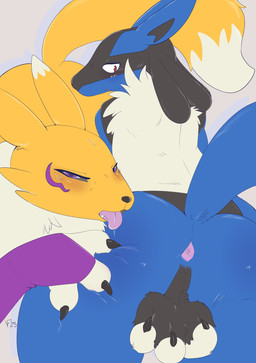 3_fingers anthro anus armwear aroused ball_grab balls big_balls big_butt black_balls black_body black_claws black_fur black_nose black_sclera blue_body blue_fur blush blush_lines bodily_fluids bridal_gauntlets butt butt_grab chest_tuft claws clothing countershade_torso countershading duo eyebrows eyeliner fangs female fingers fluffy fur fur_markings genitals grey_background hand_on_butt inviting long_ears long_tail looking_at_viewer looking_back makeup male markings neck_tuft open_mouth purple_body purple_clothing purple_eyes purple_fur red_eyes saliva shy simple_background tail tan_body tan_fur teeth tongue tongue_out tuft white_body white_countershading wide_hips yellow_body yellow_fur vidfox bandai_namco digimon nintendo pokemon digimon_(species) generation_4_pokemon lucario pokemon_(species) renamon hi_res signature