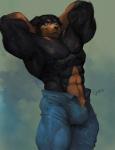 anthro bulge canid canine canis clothed clothing domestic_dog eyewear glasses goroguro hands_behind_head hi_res looking_at_viewer male mammal mastiff molosser muscular muscular_anthro muscular_male pubes rottweiler smile solo standing topless unzipped zipper