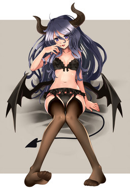 black_bra black_hair black_legwear black_panties blue_eyes bra demon demon_wings female garter_belt garter_straps hair horn katahira_masashi long_hair looking_at_viewer navel original panties sitting solo spade_tail thigh_highs underwear wings
Rating: Questionable
Score: 4
User: AnacondaRifle
Date: March 27, 2014