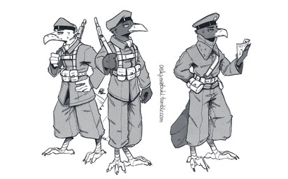 anthro barefoot beak belt belt_buckle belt_pouch beret buckle clothing feathers feet group gun harness hat headgear headwear holding_object holding_paper male male/male military military_clothing military_hat military_jacket military_pants military_uniform paper ranged_weapon rifle soldier tail tail_feathers trio uniform warrior weapon wearing_hat mawkvlt avian bird hi_res monochrome
