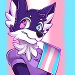 anthro arms_down breasts chest_tuft clothed clothing female flag flag_(object) fur hair heterochromia holding_flag holding_object item_in_mouth lgbt_pride looking_at_viewer pride_color_background pride_color_flag pride_colors purple_body purple_clothing purple_fur purple_hair simple_background smile solo transgender_pride_colors tuft kaorisorahoshi tanti canid canine fox mammal 1:1 2022 digital_media_(artwork) half-length_portrait hi_res portrait watermark trans_(lore) trans_woman_(lore)