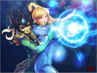 blonde_hair border breasts crossover_ship crown duo female hair headgear interspecies jewelry jojo_pose necklace ponytail red_eyes split_form white_border zero_suit theinsanedarkone league_of_legends metroid nintendo riot_games tencent nami_(lol) samus_aran aquatic human humanoid mammal merfolk 4:3 crossover hi_res