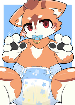 4_fingers anthro belly black_claws black_nose black_pawpads blush bodily_fluids brown_markings cheek_tuft claws clothed clothing diaper diaper_only facial_tuft fingers front_view fur genital_fluids head_tuft kemono looking_at_viewer male markings multicolored_body multicolored_fur object_in_mouth orange_body orange_fur overweight pacifier pacifier_in_mouth pawpads red_eyes solo spread_legs spreading tan_body tan_fur topless tuft unclean_diaper urine used_diaper using_diaper wearing_diaper wet_diaper wetting wetting_diaper young young_anthro young_male mujimuji1010 canid canine mammal absurd_res cel_shading colored digital_drawing_(artwork) digital_media_(artwork) hi_res shaded