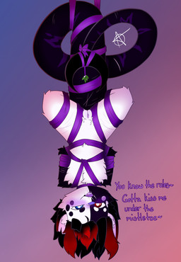 andromorph anthro arms_tied bdsm black_body black_fur black_teeth blind bondage bound broken_horn disability fur hands_behind_back hanging_by_tail hanging_upside_down highlights_(coloring) horn intersex legs_tied missing_ear mistletoe plant ribbon_bondage ribbons solo spread_legs spreading tail tail_tied teeth upside_down white_body white_fur freak_magic1369 magic_(freak_magic1369) demon domestic_cat felid feline felis hybrid mammal reptile scalie snake wither_beast wither_beast_(freak_magic1369) absurd_res hi_res nonbinary_(lore)