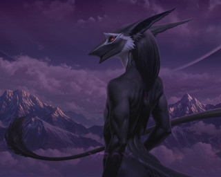 anthro black_body black_fur black_hair butt cloud detailed_background fur hair long_tail looking_at_viewer looking_back looking_back_at_viewer male mountain nude rear_view red_eyes solo tail tail_tuft tuft x-rom sergal 5:4 cropped digital_media_(artwork) hi_res