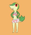 anthro clothing female flat_chested generation_5_pokemon hands_on_hips hi_res multicolored_body nintendo open_mouth orange_background pokemon pokemon_(species) red_eyes reptile riverxa scalie simple_background snivy solo swimwear translucent translucent_clothing two_piece_swimsuit two_tone_body