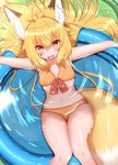 2021 ahoge amber_eyes animal_humanoid bikini blonde_hair blush breasts brown_body brown_fur canid canid_humanoid canine canine_humanoid clothed clothing cute_fangs digital_media_(artwork) dipstick_ears dipstick_tail ear_markings fangs female female_humanoid fluffy fluffy_tail fox_humanoid fur hair hi_res high-angle_view horokusa0519 humanoid inner_ear_fluff kiddie_pool korai_(horokusa) long_hair looking_at_viewer mammal mammal_humanoid markings multicolored_ears multicolored_tail navel open_mouth open_smile partially_submerged smile solo swimwear tail tail_markings teeth tongue tuft wet wet_body white_body white_fur yellow_body yellow_fur