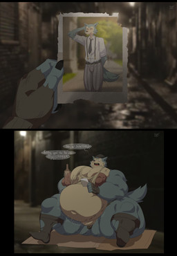 alley anthro beverage big_butt blush bottomwear bulge butt carpet clothing collared_shirt eyes_closed gloves grey_body hand_behind_back hand_behind_head handwear hat headgear headwear homeless huge_butt lothing male morbidly_obese musclegut muscular necktie obese overweight pants pattern_bottomwear pattern_clothing pattern_pants photo rumbling_stomach school_uniform shirt smile solo standing striped_bottomwear striped_clothing striped_pants stripes t-shirt tail text topwear torn_clothing torn_gloves torn_handwear torn_tank_top twink_death uniform vest white_clothing white_shirt white_topwear bobthetanuki beastars legoshi_(beastars) canid canine canis mammal wolf english_text hi_res